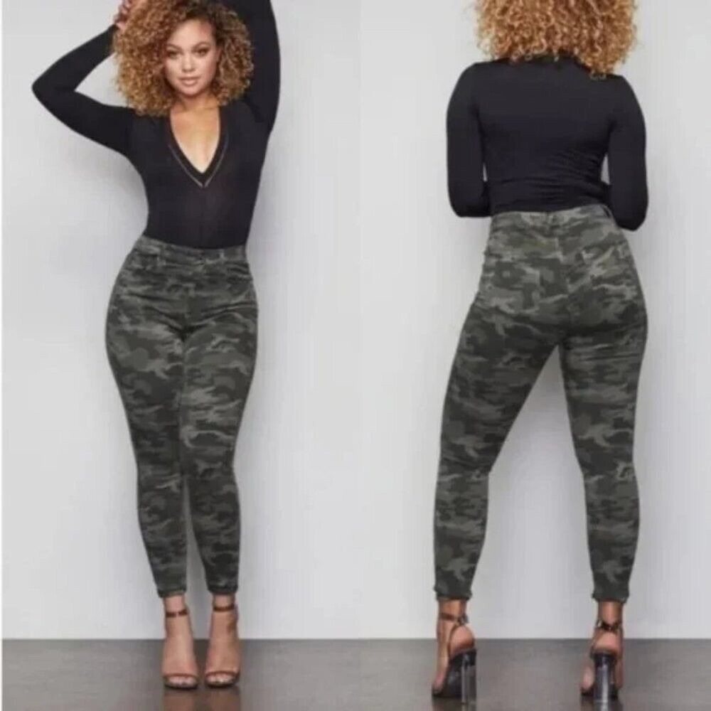 Good American Skinny Camo Jeans in Olive Green and Black